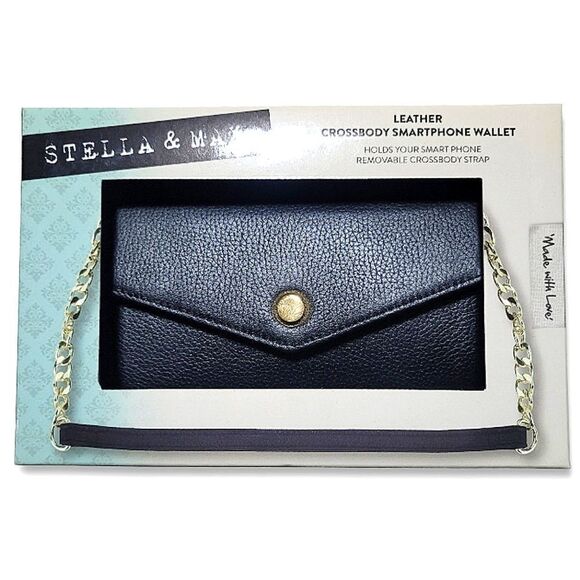Stella & Max Black Leather Convertable Chain Crossbody Smartphone Wallet NWT - Picture 1 of 8